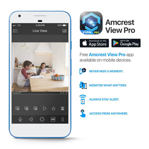 Amcrest View Pro app showing live feed from Two Pack ProHD 1080P WiFi Security Cameras With Pan Tilt And 2 Way Audio.