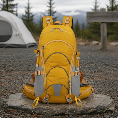 Bright yellow Dope Lightweight Hiking Backpack for Camping and Day Hikes with breathable padded back panel, on a rocky trail