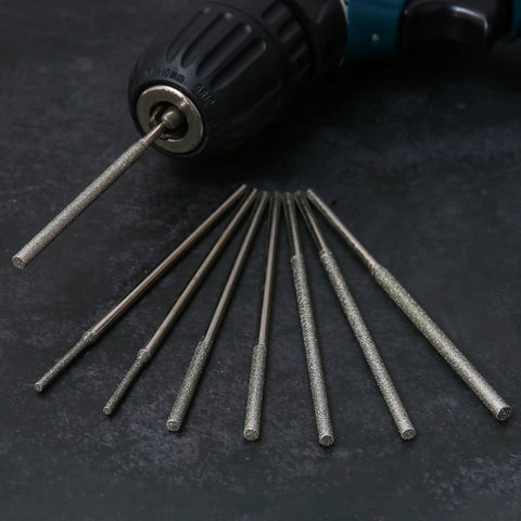 Diamond Burr Set For Carving And Engraving, Pro Grade 8 Piece Long Shank Diamond Grinding Bits For Dremel Rotary Tools on black surface