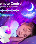 Child asleep under Moonlit Galaxy Night Projector For Bedroom With 43 Lighting Modes Dimmable Starlight Sky Projector Remote Cloud Night Light