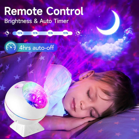 Child asleep under Moonlit Galaxy Night Projector For Bedroom With 43 Lighting Modes Dimmable Starlight Sky Projector Remote Cloud Night Light