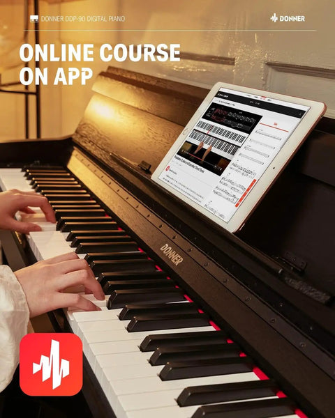 DDP-90 Pro 88 Key Weighted Digital Piano with tablet showing music app and player's hands