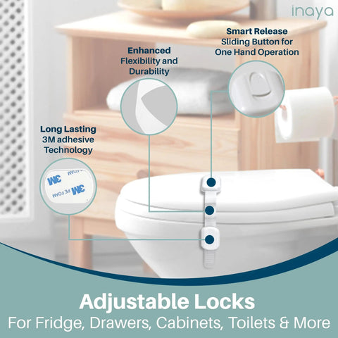 All In One Baby Proofing Kit Easy To Install With Hidden Cabinet And Drawer Locks, Adjustable Latches, Corner Guards And Outlet Covers, 4 In 1 Child Safety Pack To Keep Your Home Kid Safe displayed on a bathroom toilet.