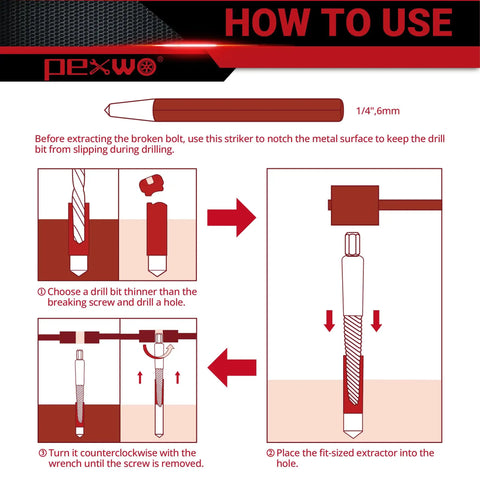 Instructions on using the 15 Piece Screw Extractor Set With Left Hand Drill Bits And Striker Gnarly Damaged Screw Removers
