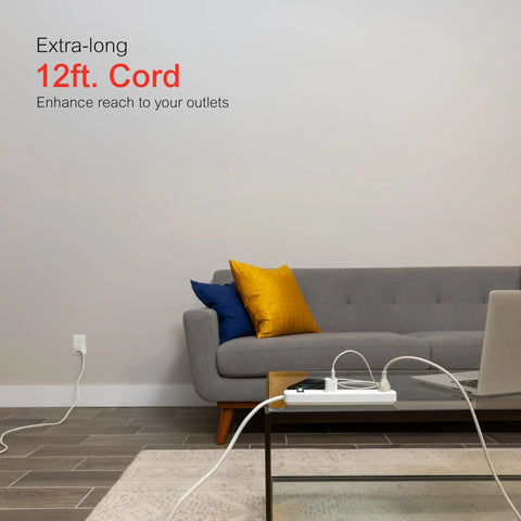 Living room with Six Outlet Power Strip With 12 Ft Extension Cord And Flat Plug Grounded With Integrated Circuit Breaker on table