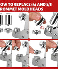 Guide on replacing 1/4 and 3/8 inch grommet mold heads on a rivet press tool from the Grommet Kit With 1/4 And 3/8 Inch Punches 500 Metal Eyelets.