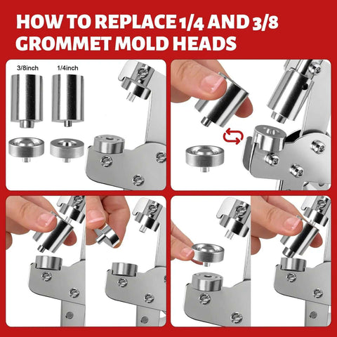 Guide on replacing 1/4 and 3/8 inch grommet mold heads on a rivet press tool from the Grommet Kit With 1/4 And 3/8 Inch Punches 500 Metal Eyelets.