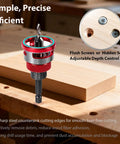 Pro Grade Countersink Drill Bit Set With Adjustable Depth Stop Aluminum Collar 5 Four Flute HSS M2 Tapered Bits inserted in wood