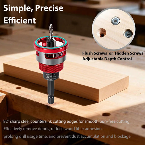 Pro Grade Countersink Drill Bit Set With Adjustable Depth Stop Aluminum Collar 5 Four Flute HSS M2 Tapered Bits inserted in wood
