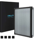 Creality honeycomb laser bed with aluminum panel for laser engraver, 19.7 x 19.7 inches, shown beside black box.