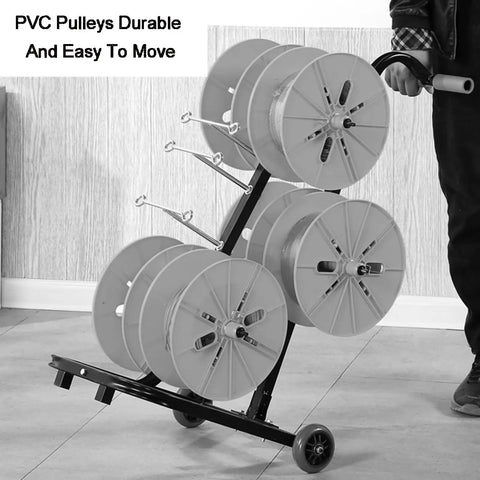 Heavy Duty Steel Wire Spool Rack Organizer For 4 6 8 Reels Industrial Cable Dispenser on wheels with PVC pulleys in workshop