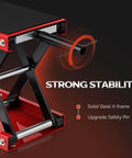 Close-up of Beefy 1100 Lbs Motorcycle Scissor Lift Jack with height adjustable range, rubber top surface, and safety pin, red.