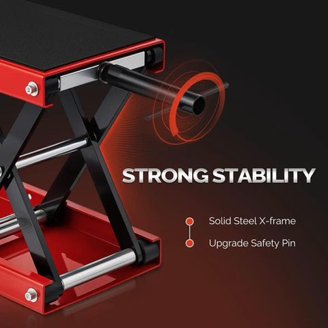 Close-up of Beefy 1100 Lbs Motorcycle Scissor Lift Jack with height adjustable range, rubber top surface, and safety pin, red.