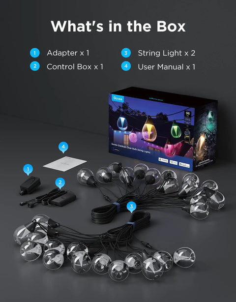 Clear Bulb Outdoor String Lights, 96ft RGBWIC Dimmable Patio And Backyard Lighting box contents: string lights, adapter, control box, manual.