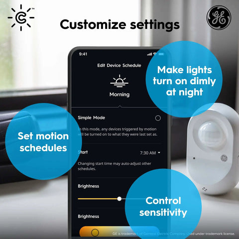 Smartphone showing app settings next to a Wireless Motion Sensor With Ambient Light Detection, Battery Powered, white color.