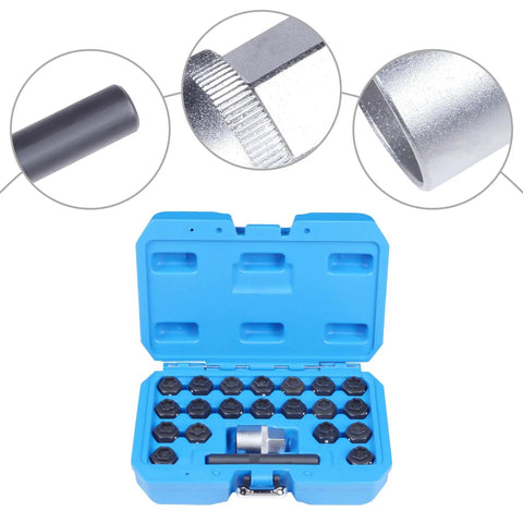 22-Piece Wheel Locking Nut Key Kit Remover Set For BMW F-Series With Extended Rod And Ergonomic Handle To Snatch Stolen Lug Nuts Easily Without Breaking A Sweat, blue case