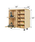 Top Tier Storage Cabinet For Makerspaces And Classrooms 50X24X53 Light Wood Finish with five compartments for organization.