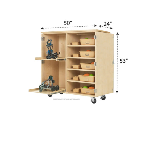 Top Tier Storage Cabinet For Makerspaces And Classrooms 50X24X53 Light Wood Finish with five compartments for organization.