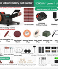 350W Electric Belt Sharpener With Adjustable 90 Degree Angle And Max Speed Of 10000 Rpm parts and accessories set, including 10 sand belts and battery.