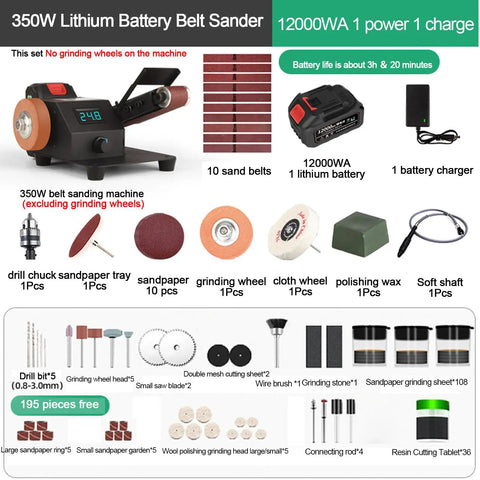 350W Electric Belt Sharpener With Adjustable 90 Degree Angle And Max Speed Of 10000 Rpm parts and accessories set, including 10 sand belts and battery.