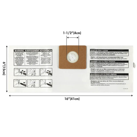 1.5-Gallon All Around Collection Bag 6 Pack For Small Vacuums, with dimensions and filter instructions visible.