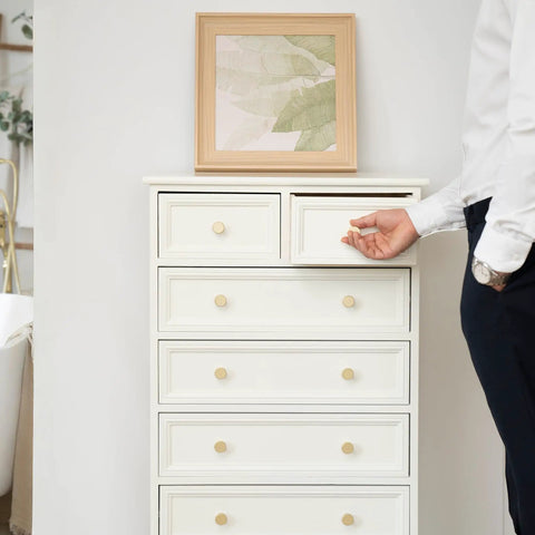 Gold Dresser Knobs Set Of 10 Small Gold Drawer Knobs For Cabinets And Furniture Easy Install With Included Screws One Inch And One And Three Quarter Inch Sleek Modern Hardware Upgrade For Dressers Cabinets Chests And Nightstands on white dresser