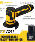 Cordless Brushless Mini Angle Grinder Kit With 3 Inch Grinding Discs 19500 RPM Ultra Lightweight Handheld Cutter Includes Two 12V 1500mAh Batteries And Six Cutting Discs For Metal Tile Concrete DIY Ready shown with safety shield and quick stop design