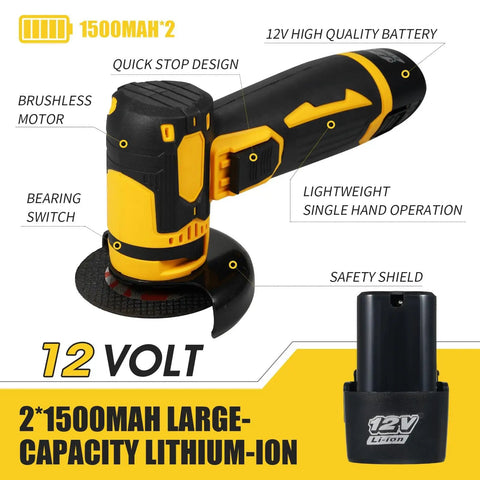 Cordless Brushless Mini Angle Grinder Kit With 3 Inch Grinding Discs 19500 RPM Ultra Lightweight Handheld Cutter Includes Two 12V 1500mAh Batteries And Six Cutting Discs For Metal Tile Concrete DIY Ready shown with safety shield and quick stop design
