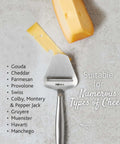 Stainless Steel Cheese Slicer Copenhagen Multifunctional Kitchen Tool shown with various cheeses on a marble surface