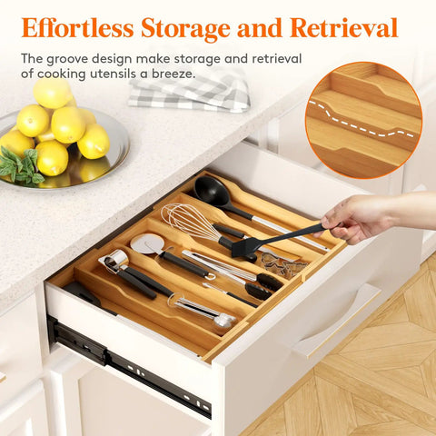 Expandable Kitchen Utensil Organizer Drawer Tray With Natural Wood Finish And Adjustable Dividers For Cutlery Silverware