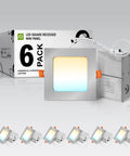 Six Pack 4 Inch LED Recessed Square Downlights With J Box Ultra Thin Canless Wafer 5 CCT 2700K To 5000K 12W 50W Eqv Dimmable Brushed Nickel Finish UL Listed Energy Star Easy Install displayed with packaging