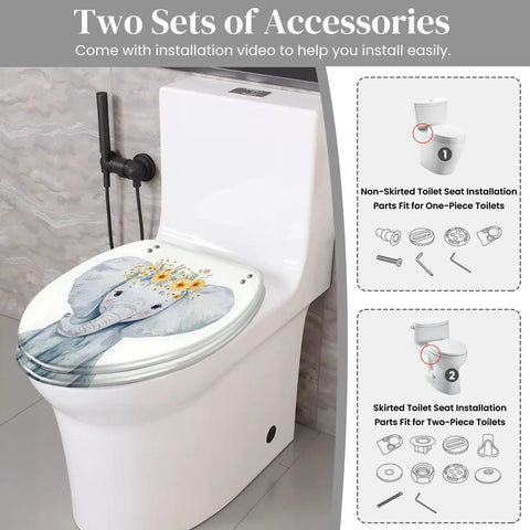 Elongated Toilet Seat for Bathroom with elephant design, measures 14.5" x 18.5", includes installation accessories.
