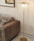 Raindrop Crystal Floor Lamp With French Gold Finish Sparkling Glass Bead Lighting For Bedroom Or Living Room Brings Romantic Vibe And Elegant Gift For Wedding Or Birthday Decor next to sofa