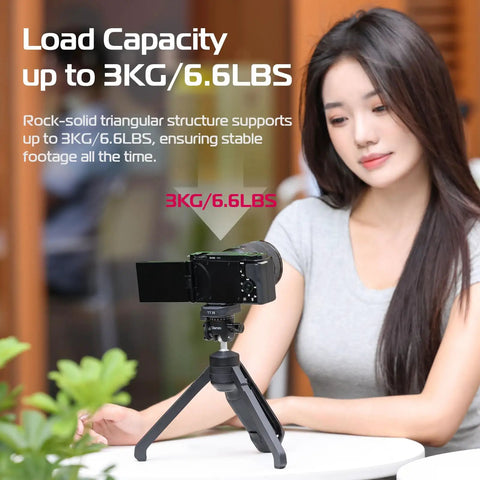 Person using One-Click Opening Vlogging Tripod With Quick-Release System, Cold Shoe Mount, for Sony camera on tabletop