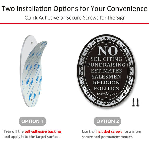 No Soliciting Sign Aluminum Six By Four Point Seven Inch Self Adhesive Metal Door Sign with adhesive and screw mounting options