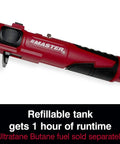 Cordless Butane Soldering Iron Kit With Portable Station close-up, featuring refillable tank label and red casing.