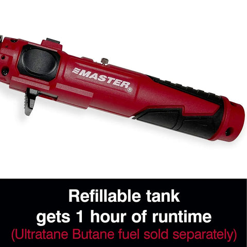 Cordless Butane Soldering Iron Kit With Portable Station close-up, featuring refillable tank label and red casing.
