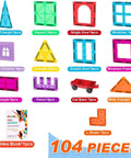 104 Piece Magnetic Tile STEM Building Blocks Set For Kids Ages 3 To 9 With Car Bases shown with colorful shapes and car bases