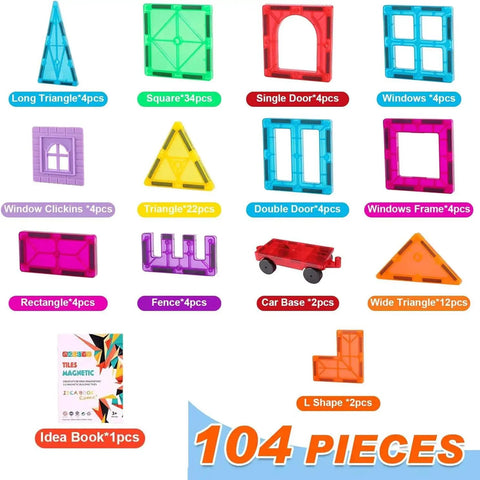 104 Piece Magnetic Tile STEM Building Blocks Set For Kids Ages 3 To 9 With Car Bases shown with colorful shapes and car bases