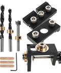 Adjustable Dowel Jig Kit With Precision Drill Guide Locator For Woodworking, black aluminum frame, drill bits and locator.