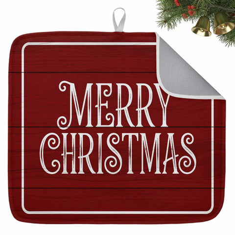 Merry Christmas design on Christmas dish drying mat, retro red wood grain, ultra absorbent microfiber, 18 by 24 inches.