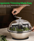 Person using 13 Inch Bud Leaf Bowl Trimmer with Clear Visibility Dome and Sharp Stainless Steel Blades on a kitchen counter.