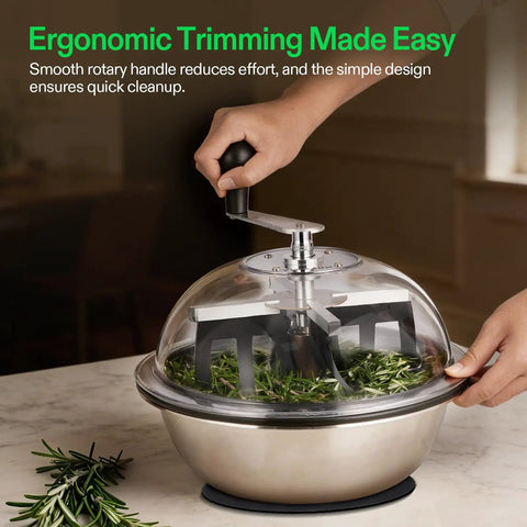 Person using 13 Inch Bud Leaf Bowl Trimmer with Clear Visibility Dome and Sharp Stainless Steel Blades on a kitchen counter.