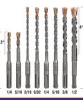 WORKPRO 8-piece SDS-Plus drill bit set with carbide tips, front view of eight bits sized 1/4"–1/2"