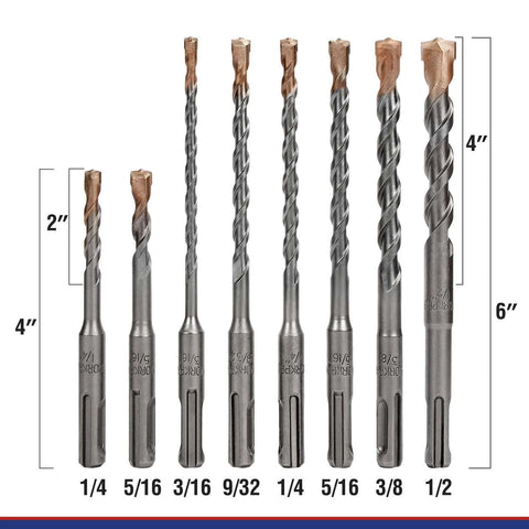 WORKPRO 8-piece SDS-Plus drill bit set with carbide tips, front view of eight bits sized 1/4"–1/2"