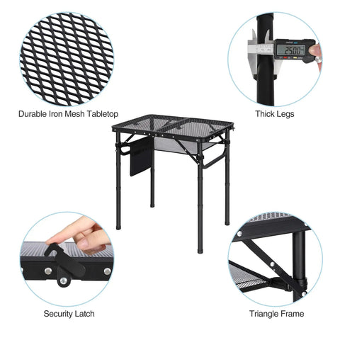 Foldable Grill Table For Outdoors, Lightweight Aluminum Frame, Height Adjustable From Low To Tall, Dense Mesh Desktop, Black