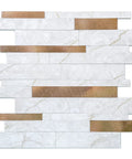 Peel And Stick Backsplash Tiles 10 Sheets Real Texture Marble White Copper Look Subway Style Aluminum PVC Wall Tiles for kitchen and bathroom waterproof heat resistant lightweight easy to cut, highlighting marble and copper pattern.