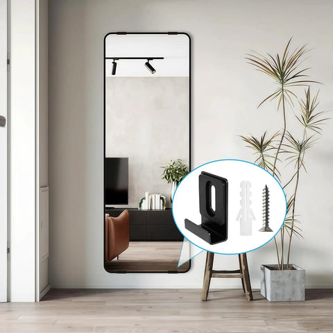 Heavy Duty Metal Mirror Holder Clips Kit For Frameless Wall Mounting With Eight Clips Screws Rubber Pads Anchors And Hooks Go To Choice For Mirrors Billboards And Display Panels black clip, screw and anchor shown on wall-mounted mirror