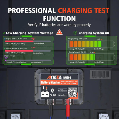 12V Car Battery Tester With Bluetooth For Lead Acid And Lithium Batteries BM200 US Battery Monitor Voltage Cranking And Charging System Tests Real Time Trip Records And Abnormal Alarm Easy Setup showing charging test results