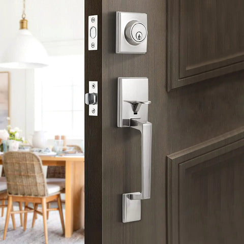 Front Door Handleset With Satin Nickel Lever And Deadbolt, Keyed Entry For Exterior Or Office Doors, Durable, Easy Install